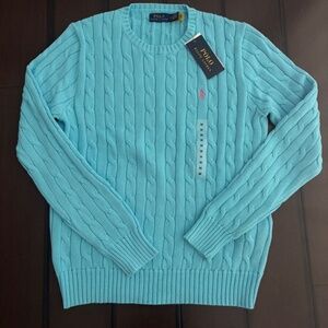 NWT Polo Ralph Lauren Sweater Women M Blue Turquoise Cable Knit Cotton Crew Neck